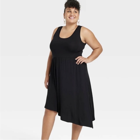 Ava & Viv Black Stretch Knit Asymmetrical Hem Dress - Picture 1 of 3
